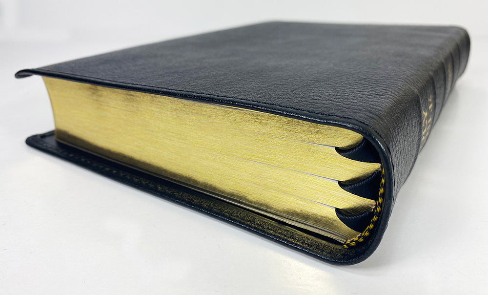 Artisan Sale! - Midsize Wide Margin Text Bible - Black Goatskin Leather and Leather Liner