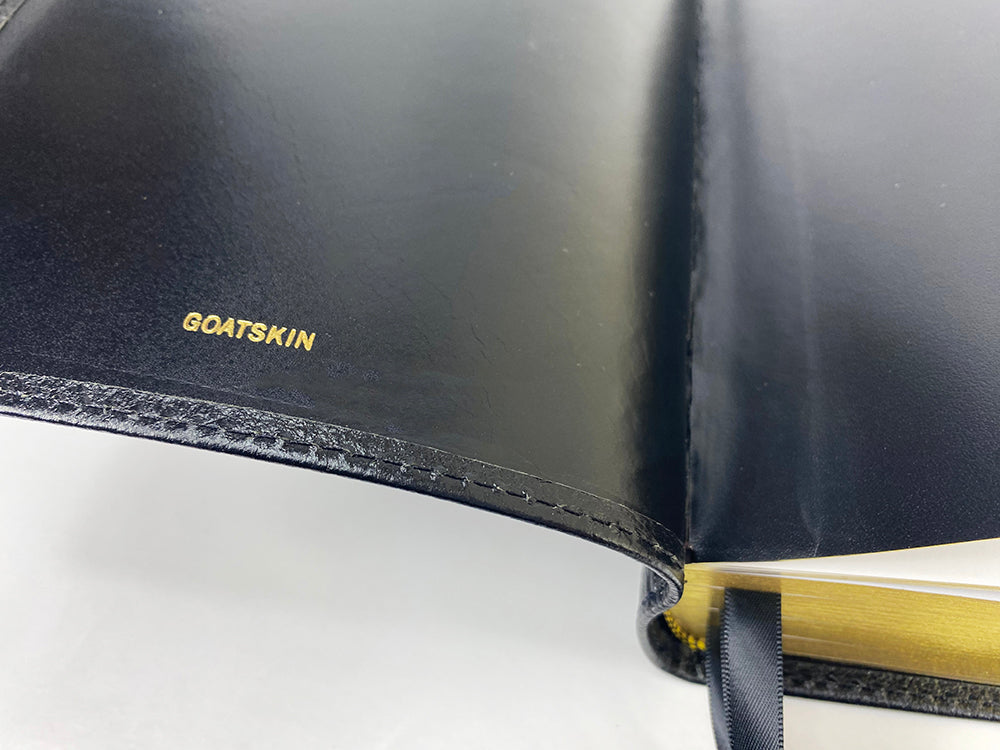 Artisan Sale! - Midsize Wide Margin Text Bible - Black Goatskin Leather and Leather Liner