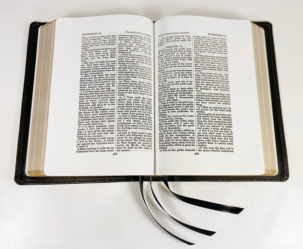 Artisan Sale! - Midsize Wide Margin Text Bible - Black Goatskin Leather and Leather Liner